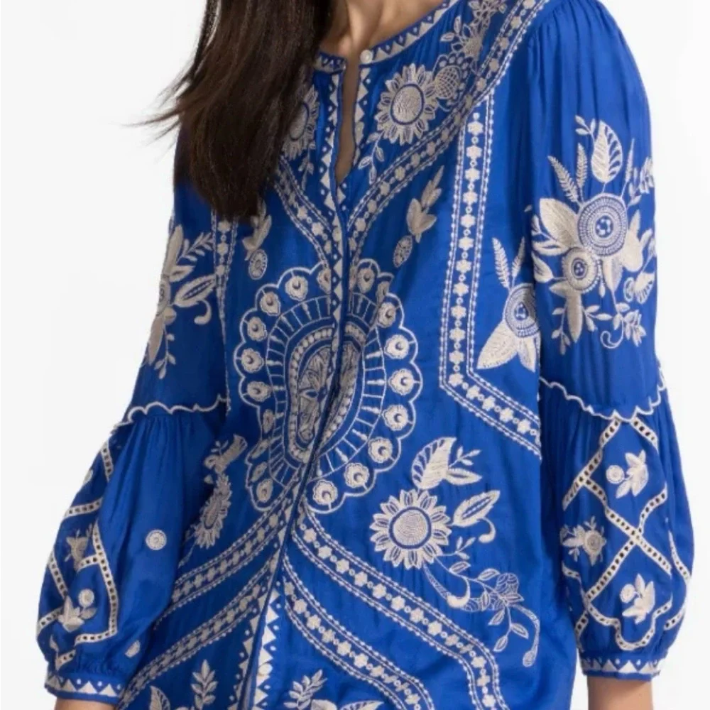 Johnny Was Brynlee Scallop Sleeve Embroidered Blue Women's Blouse - Picture 3 of 10